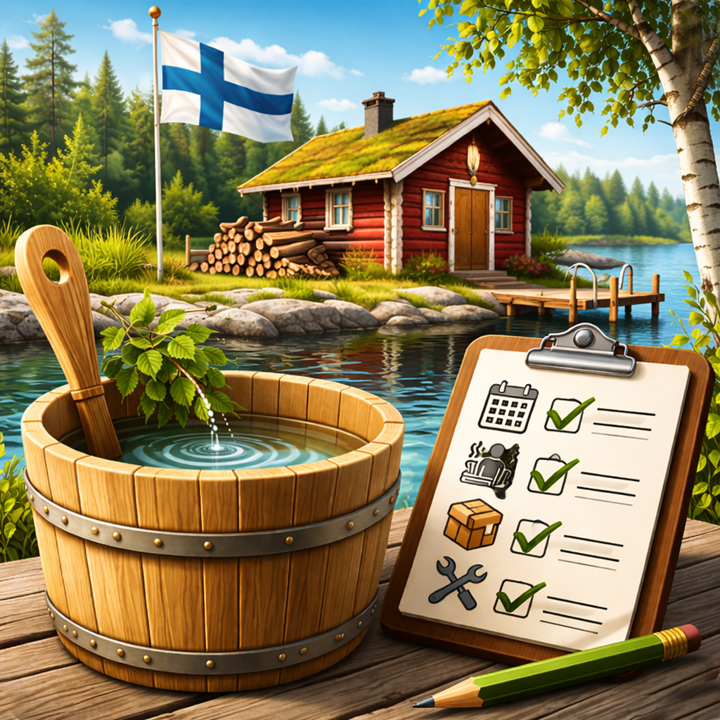 Finnish cottage scene — sauna bucket, lake, checklist